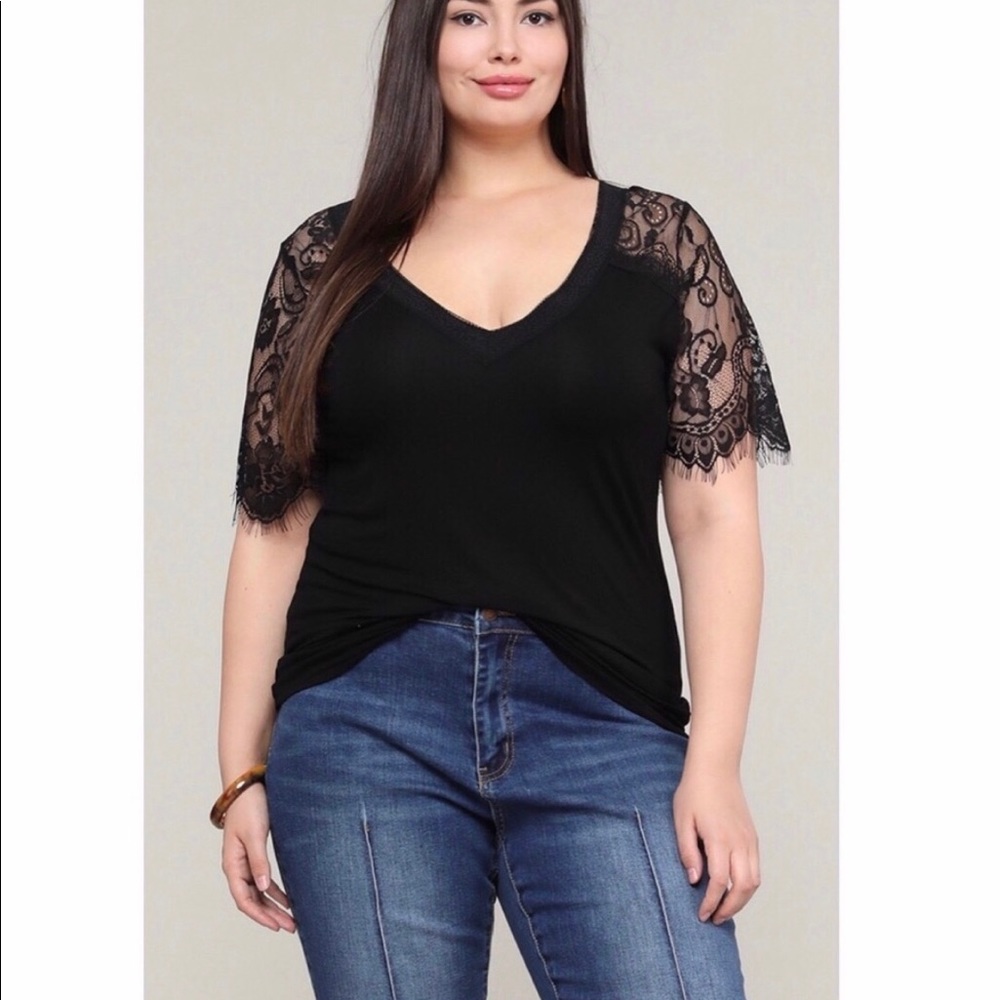 POL | Women’s Plus Size Lace Tee Shirt - Black 3X $45‎